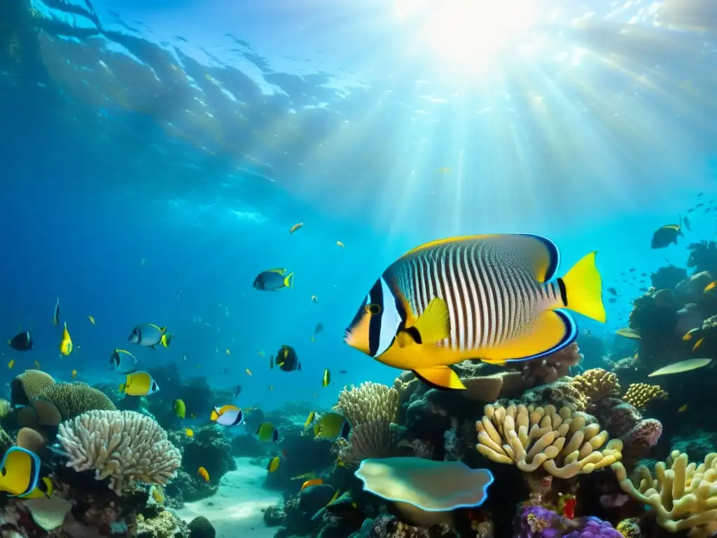 Imagen impactante de un arrecife de coral vibrante, con peces coloridos y corrientes oceánicas dinámicas