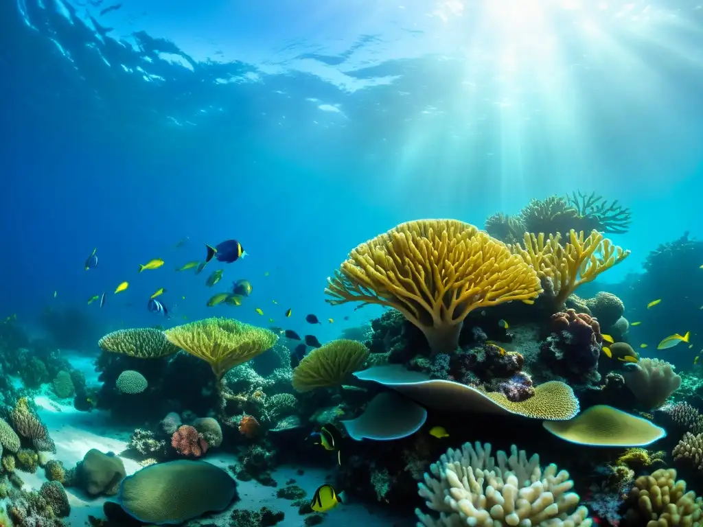 Imagen impactante de un arrecife de coral vibrante, mostrando la biodiversidad y el impacto de especies invasoras en la seguridad alimentaria marina