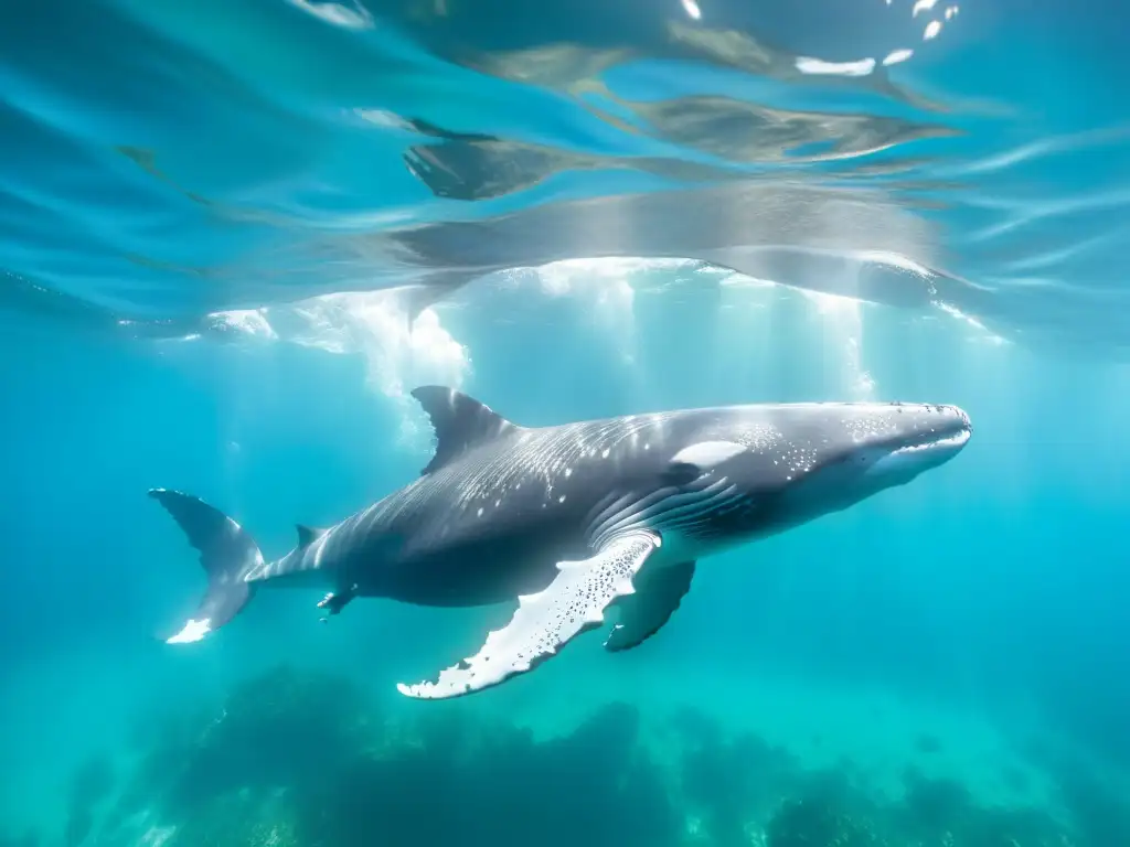 Imagen impactante de una ballena jorobada nadando en aguas turquesas