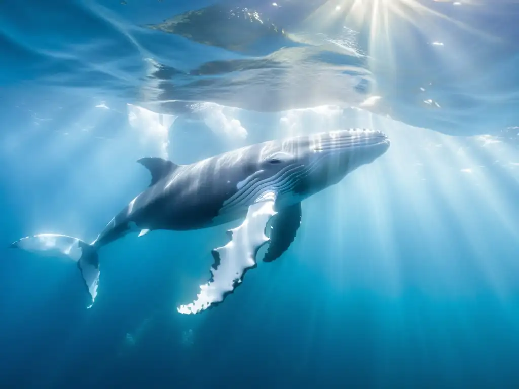 Imagen impactante de una ballena jorobada bajo el mar, capturada con técnicas respetuosas