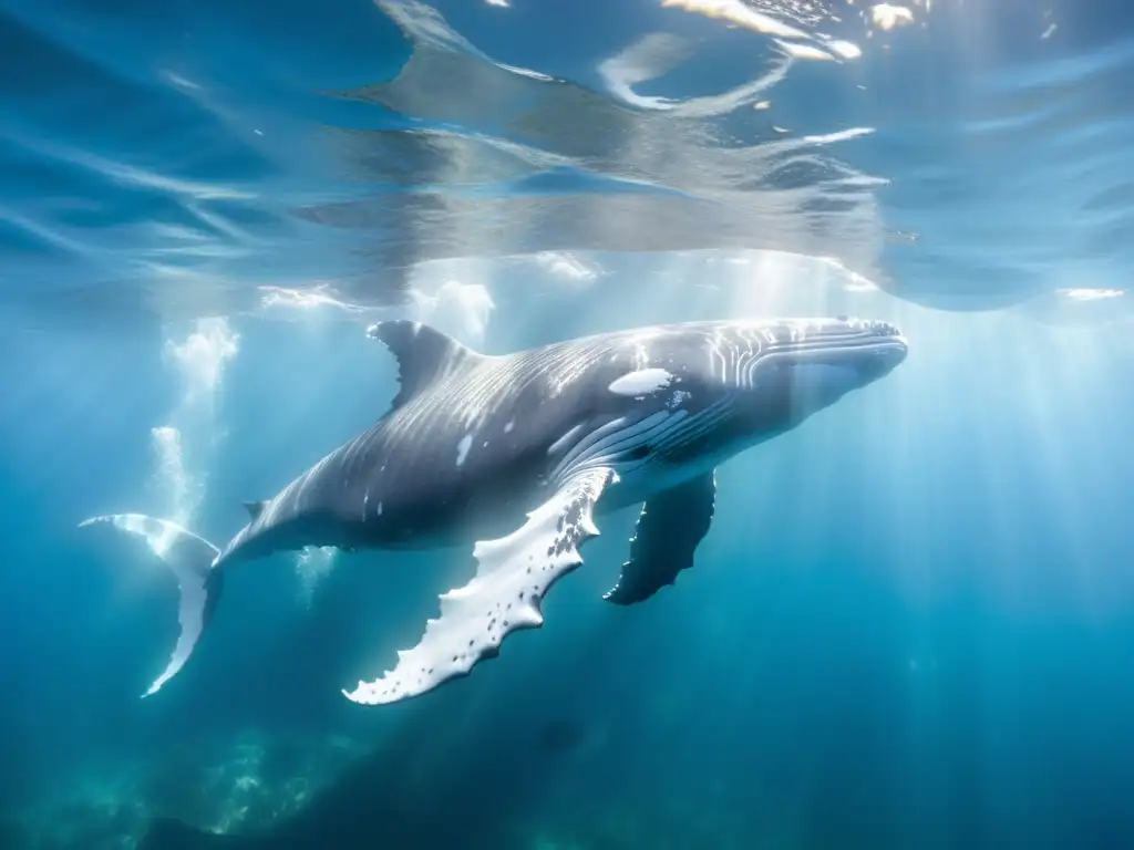 Imagen impactante de una ballena jorobada nadando en aguas cristalinas, capturada con técnicas fotografiar ballenas respeto