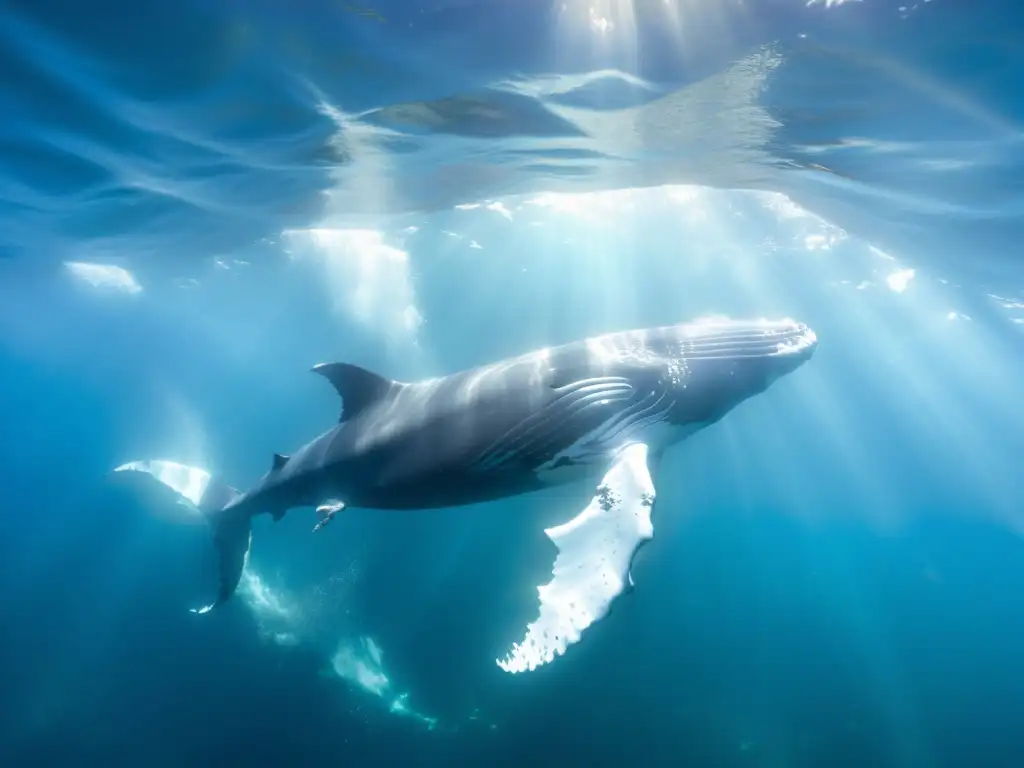 Imagen impactante de una ballena jorobada surcando aguas cristalinas, capturando la esencia de las especies de cetáceos