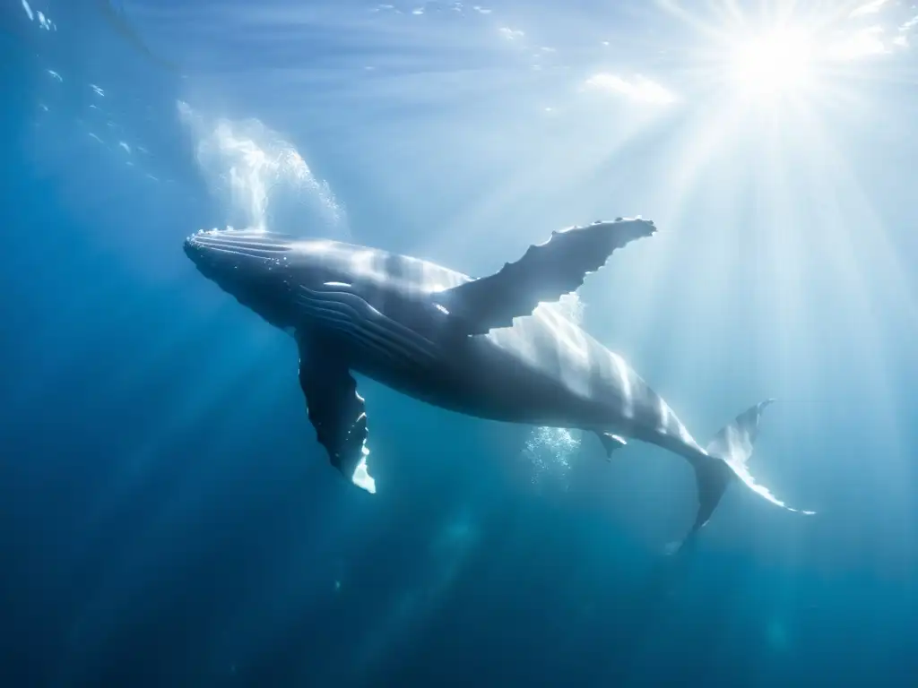 Imagen impactante de ballena jorobada nadando en el océano, con el Canto de las ballenas colaboración investigación