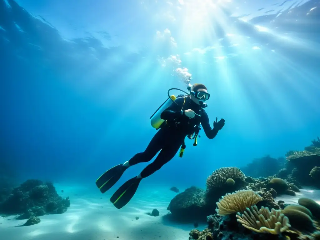 Imagen impactante de un buceador iluminado por la mejor linterna buceo nocturno, rodeado por el resplandor azul del océano