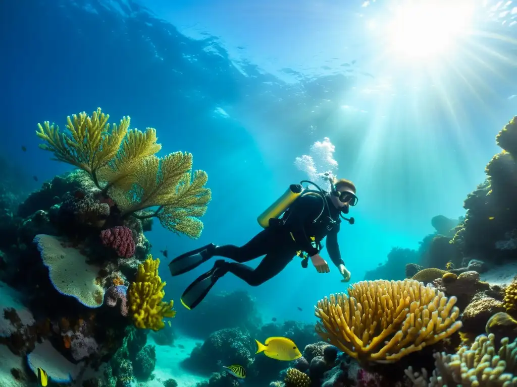 Imagen impactante de un buceador profesional rodeado de coloridos arrecifes de coral y vida marina, reflejando la emoción del mejor curso buceo marino