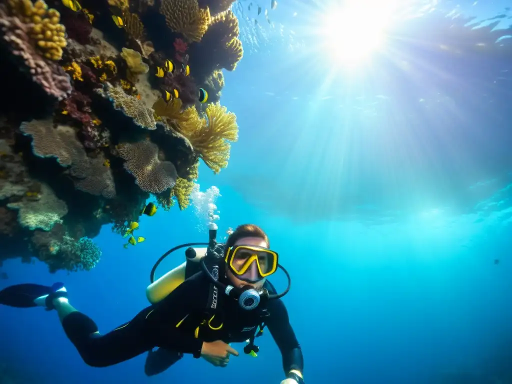 Imagen impactante de buzo con máscara facial rodeado de arrecife de coral y vida marina, transmitiendo seguridad en medicina hiperbárica para buceo