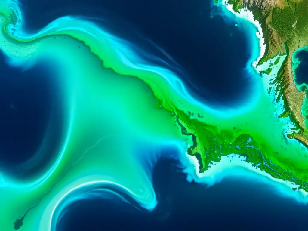 Imagen impactante de corrientes marinas con tonos azules y verdes, mostrando la relación entre Niño y Niña con Corrientes Marinas