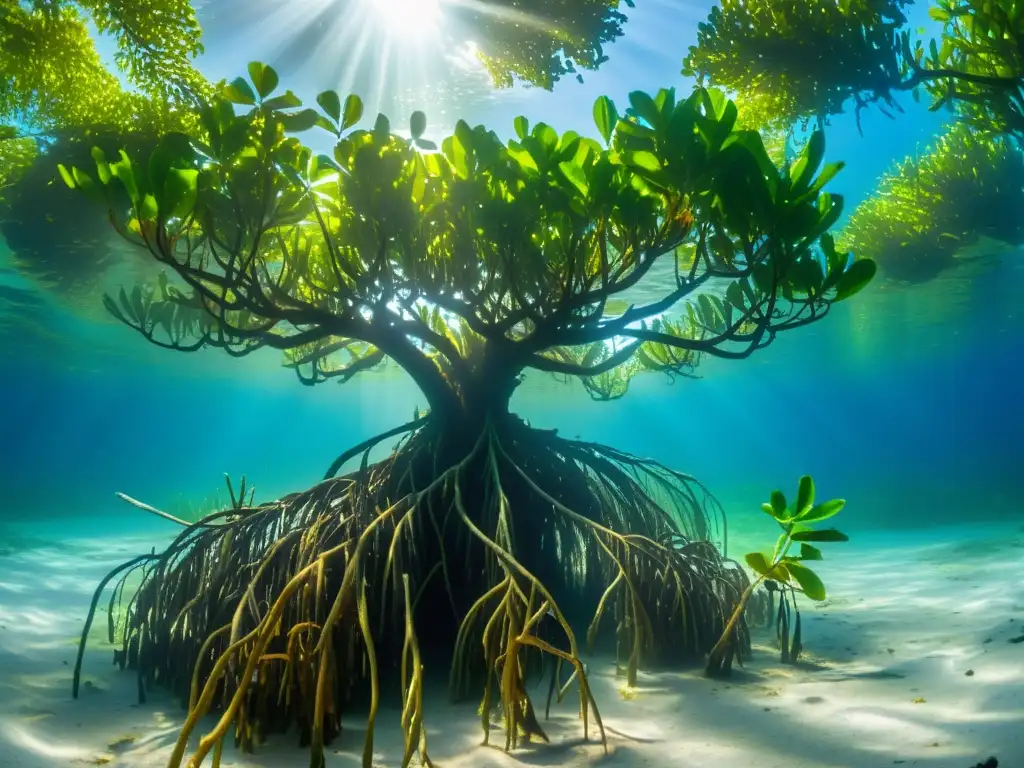 Imagen impactante de un denso bosque de manglares bajo el agua, con luz solar que ilumina las raíces intrincadas y la diversa vida marina