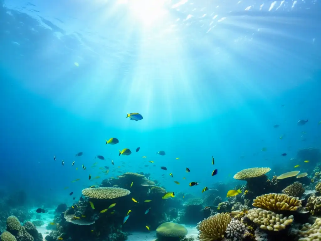 Imagen impactante del ecosistema marino, con La Niña y la belleza frágil y colorida del arrecife de coral y los peces nadando