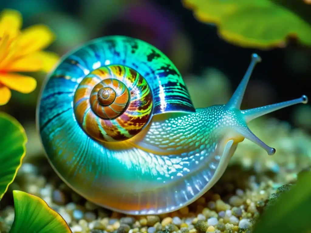 Imagen impactante de escena submarina vibrante con vida marina rodeando a un caracol sobre coral iridiscente, destacando beneficios del extracto de caracol en regeneración cutánea