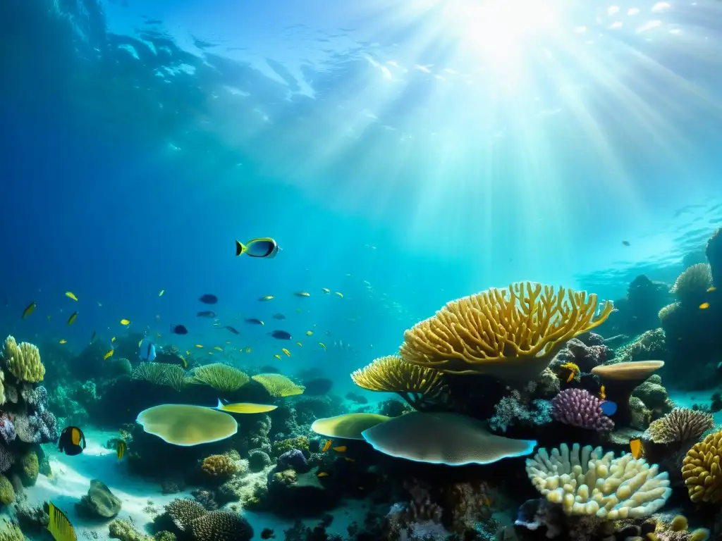 Imagen impactante de un exuberante arrecife de coral, repleto de vida marina colorida y aguas cristalinas, con rayos de sol resaltando los detalles