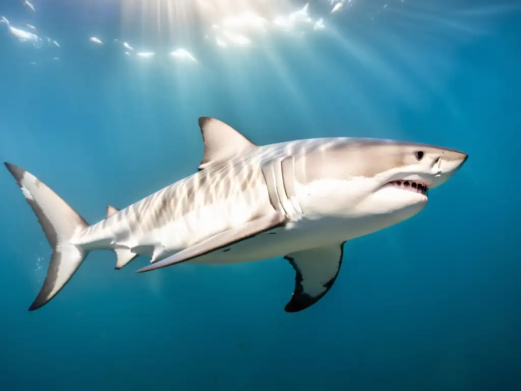 Imagen impactante de un gran tiburón blanco nadando en el agua, mostrando sus marcadas y únicas marcas en la piel