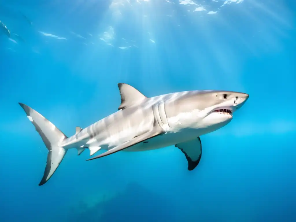 Imagen impactante de un gran tiburón blanco nadando con gracia entre aguas azules, mostrando su poderosa influencia en la cultura