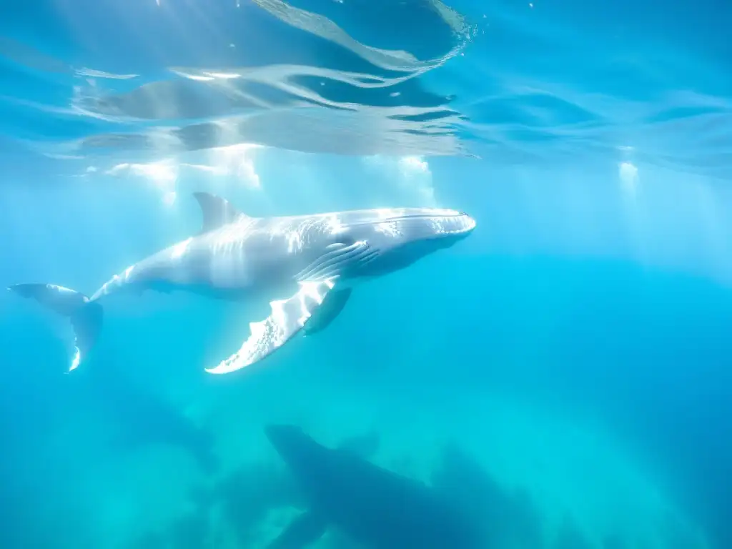 Imagen impactante de la importancia de los cetáceos en el ecosistema marino: majestuosas ballenas jorobadas nadando graciosamente en aguas turquesas cristalinas, rodeadas de vida submarina vibrante