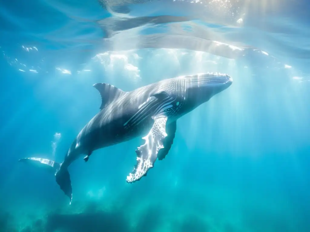 Imagen impactante de una majestuosa ballena jorobada surcando aguas turquesas, destacando la prevención colisiones barcos ballenas IA