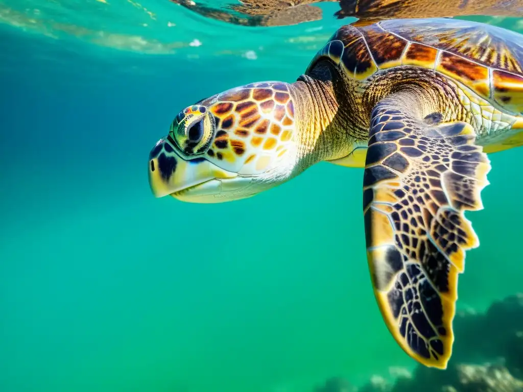 Imagen impactante de una majestuosa tortuga marina deslizándose con elegancia en aguas cristalinas