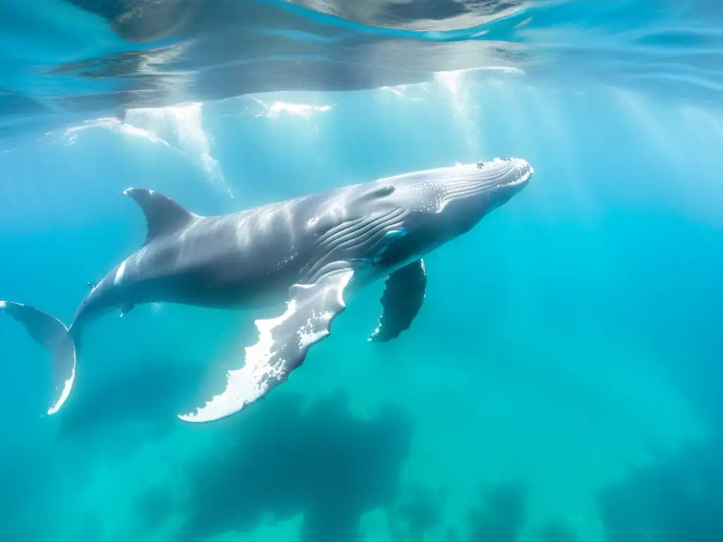 Imagen impactante de majestuosas ballenas jorobadas nadando en aguas turquesas, resaltando el impacto del cambio climático en migratorias oceánicas