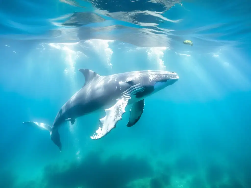 Imagen impactante de una manada de majestuosas ballenas jorobadas nadando con gracia en aguas cristalinas y turquesas