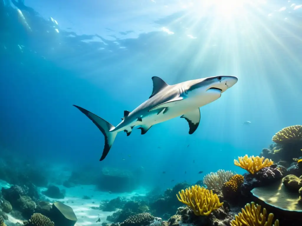 Imagen impactante de un tiburón martillo nadando entre un vibrante arrecife de coral