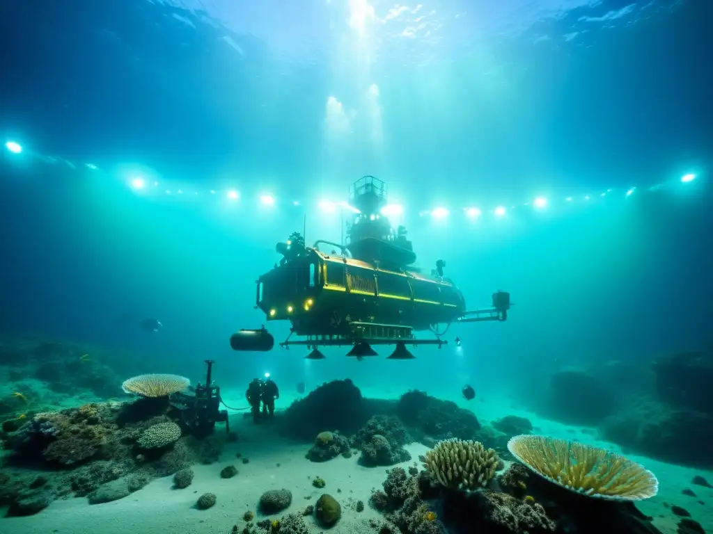 Imagen impactante de la minería submarina lecho marino, con maquinaria y luz en el fondo marino, mostrando la belleza y preocupación ecológica