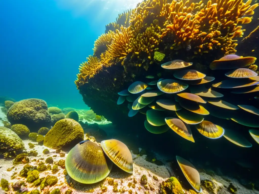 Invasión marina: mejillones iridiscentes en ecosistema Imagen impactante de moluscos invasores aferrados a las rocas en el ambiente marino, contrastando con especies nativas