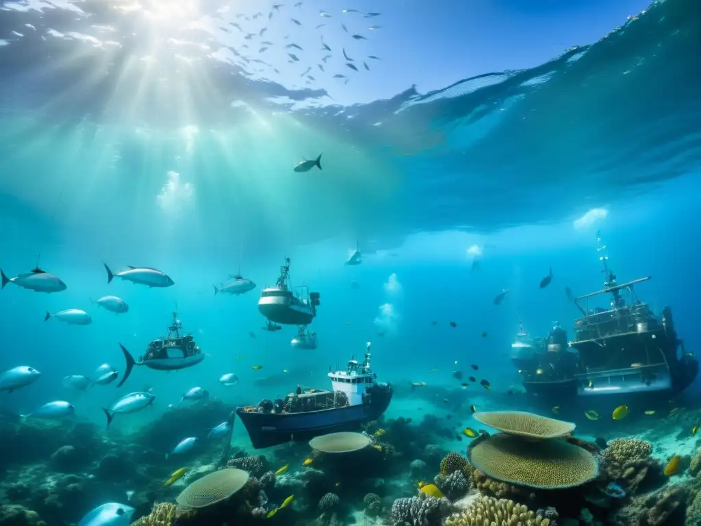 Imagen impactante de pesca industrial en el mar, con barcos, redes y vida marina vibrante en un arrecife de coral