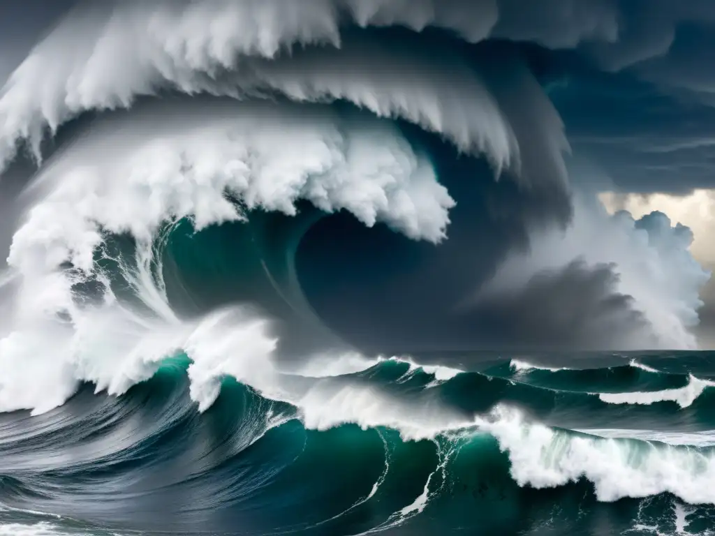 Imagen impactante de un poderoso huracán sobre el océano, con nubes de tormenta oscuras y olas gigantes