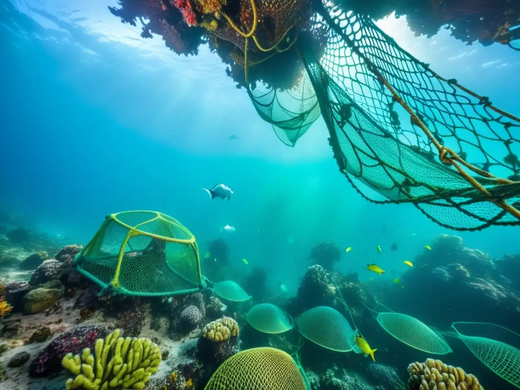 Imagen impactante de redes fantasma en un arrecife de coral, enredadas con vida marina