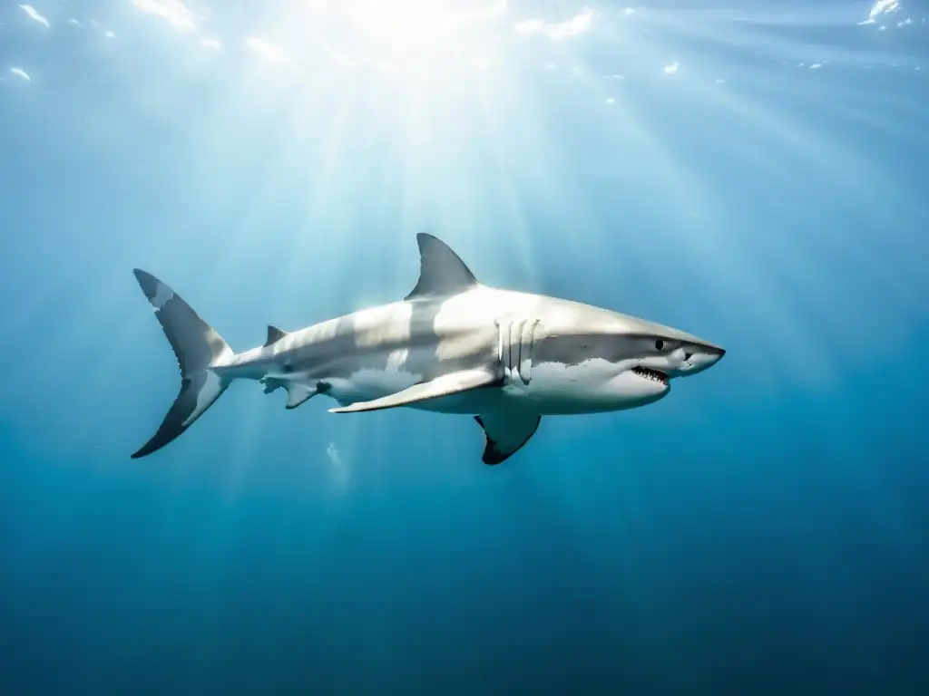 Imagen impactante del rol ecológico del tiburón blanco en su hábitat natural, rodeado de vida marina en aguas cristalinas