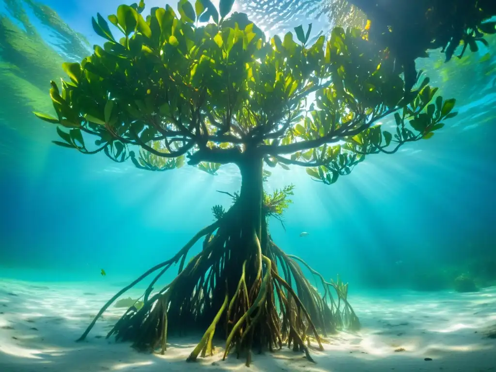 Imagen impactante de un saludable bosque de manglares bajo el agua, destacando sus intrincados sistemas de raíces y la diversa vida marina