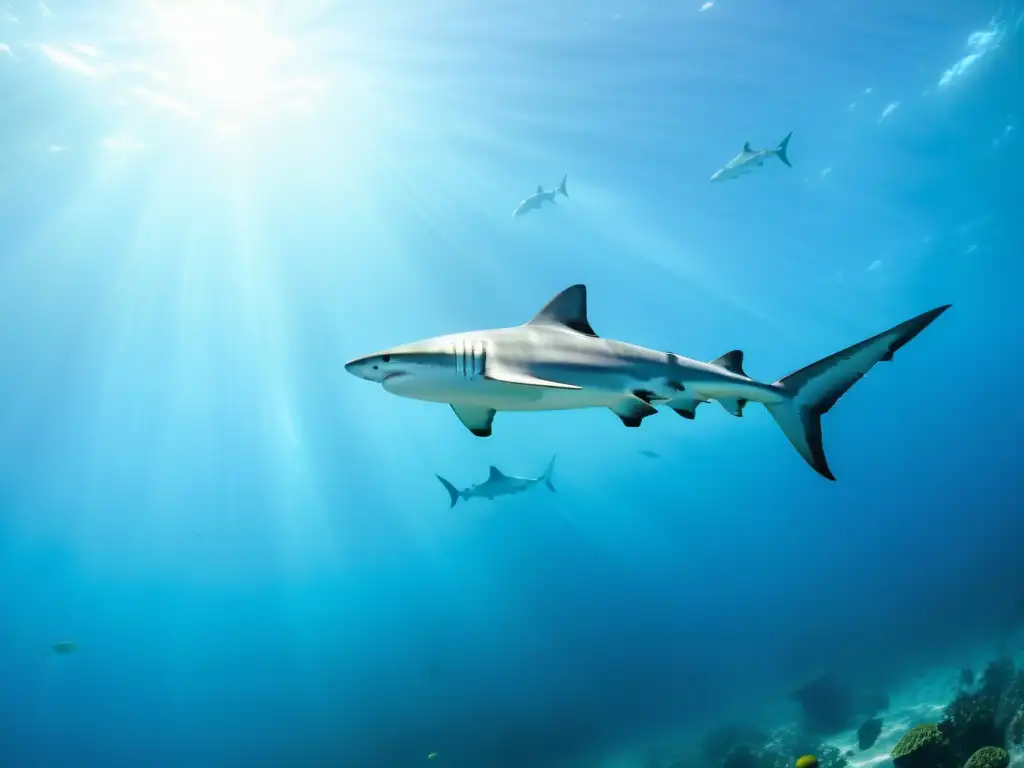 Imagen impactante de tiburones en su hábitat natural, destacando la vida marina y el estudio del ADN de estos majestuosos depredadores marinos