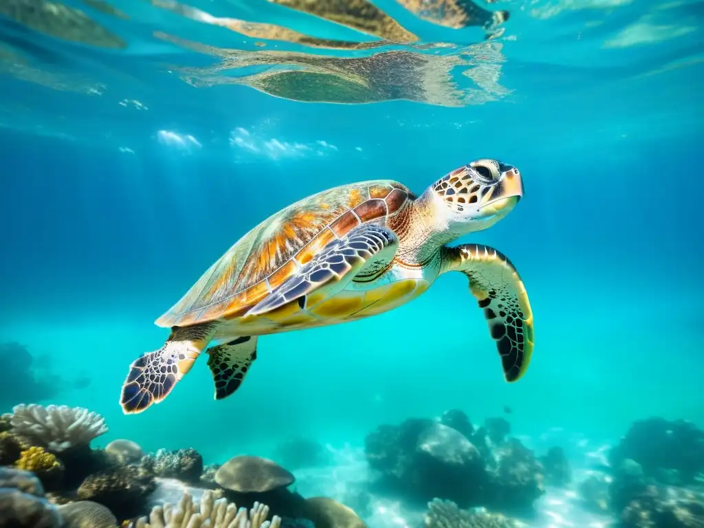 Imagen impactante de una tortuga marina nadando entre corales y peces, con un plástico flotando