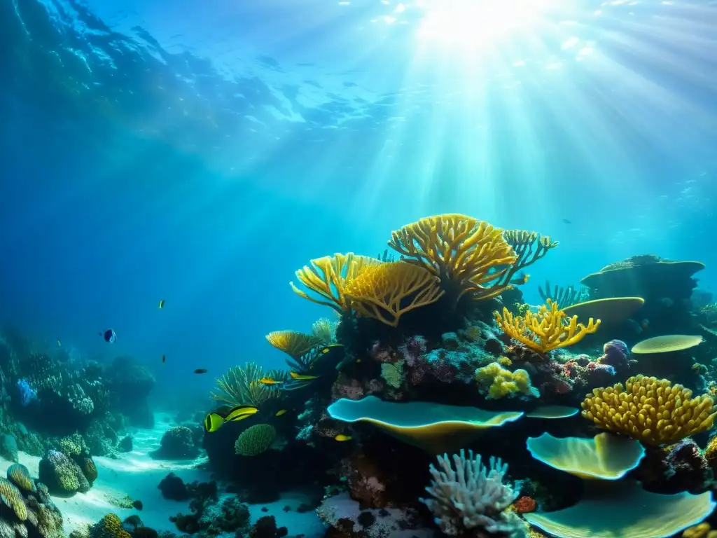 Imagen impactante de un vibrante arrecife de coral bajo el agua, evidenciando el efecto del cambio climático en migraciones marinas