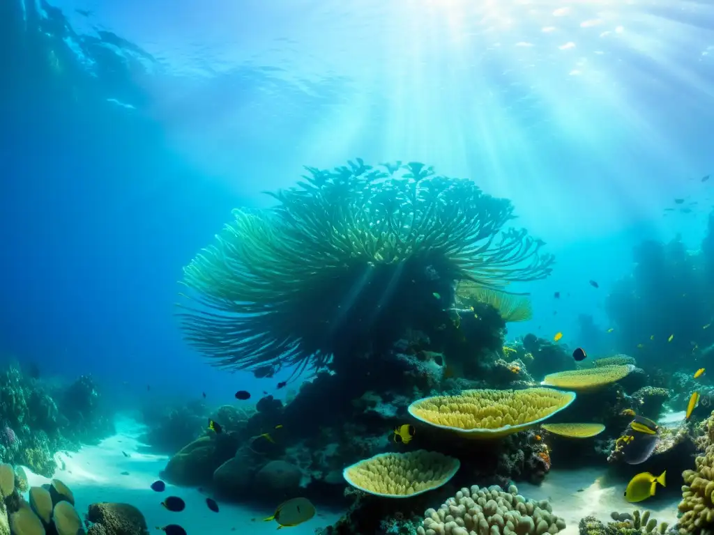 Imagen impactante de un vibrante arrecife de coral bajo el agua, destacando la importancia de la conservación sostenible de mariscos