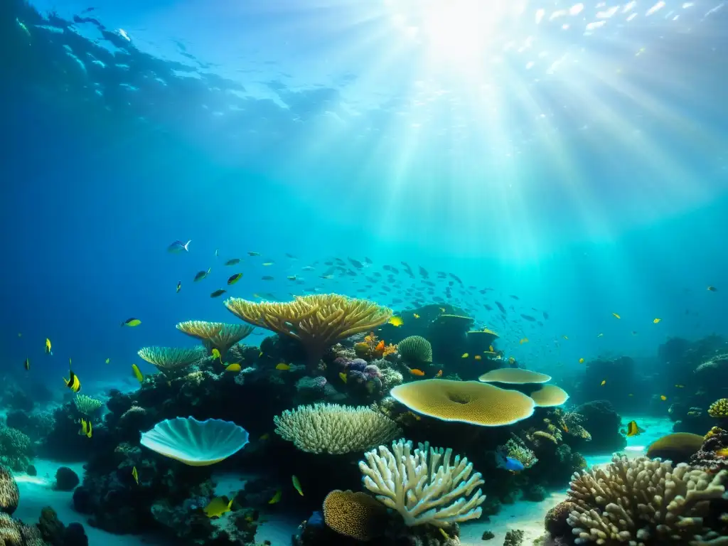 Imagen impactante de un vibrante arrecife de coral bajo el agua, con peces coloridos y formaciones de coral