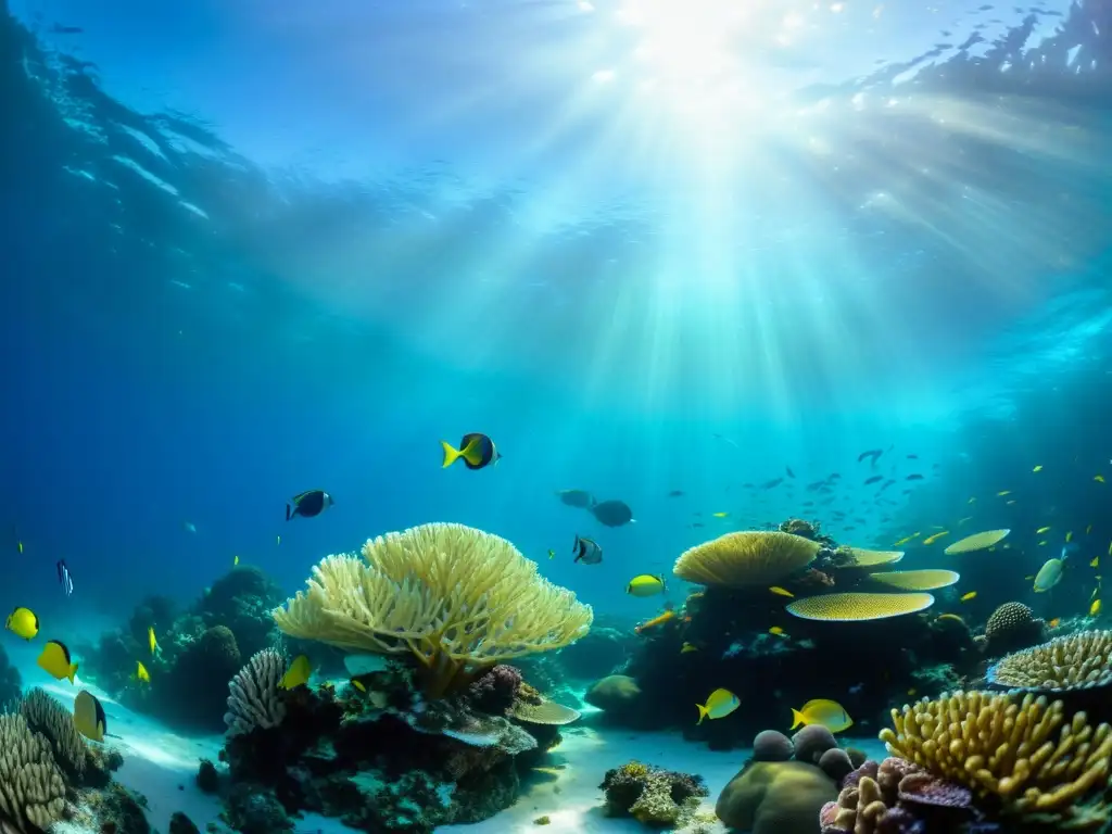 Imagen impactante de un vibrante arrecife de coral bajo el agua, lleno de peces coloridos y plantas marinas ondulantes