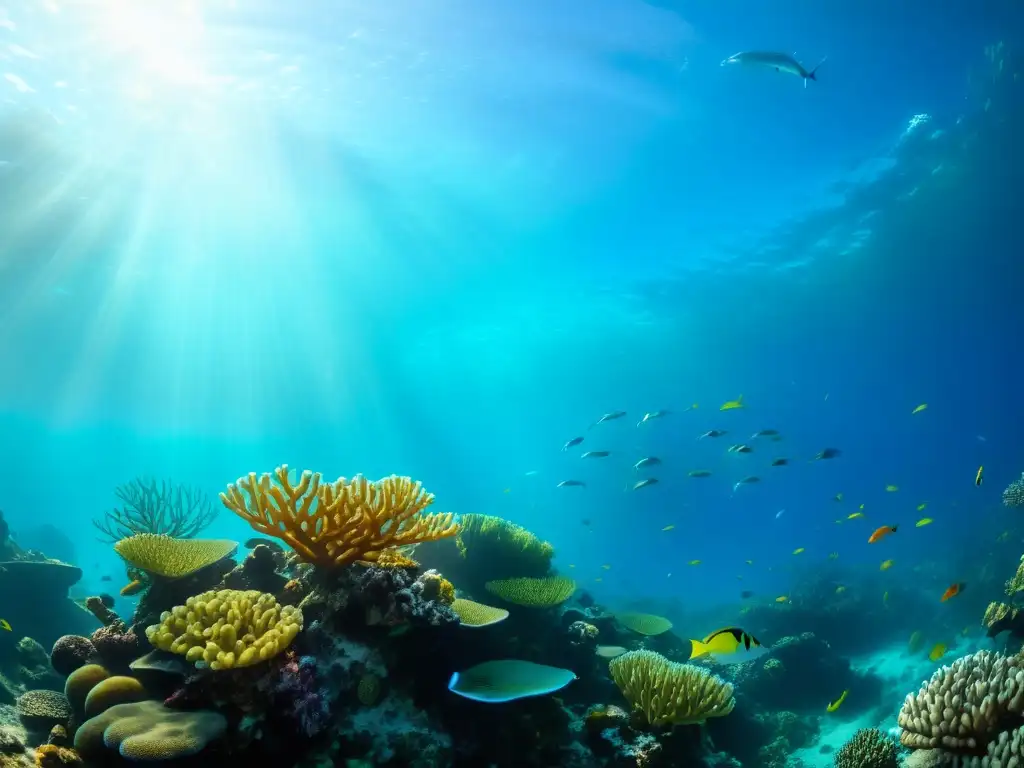 Imagen impactante de un vibrante arrecife de coral, con peces coloridos, plantas marinas y formaciones de coral