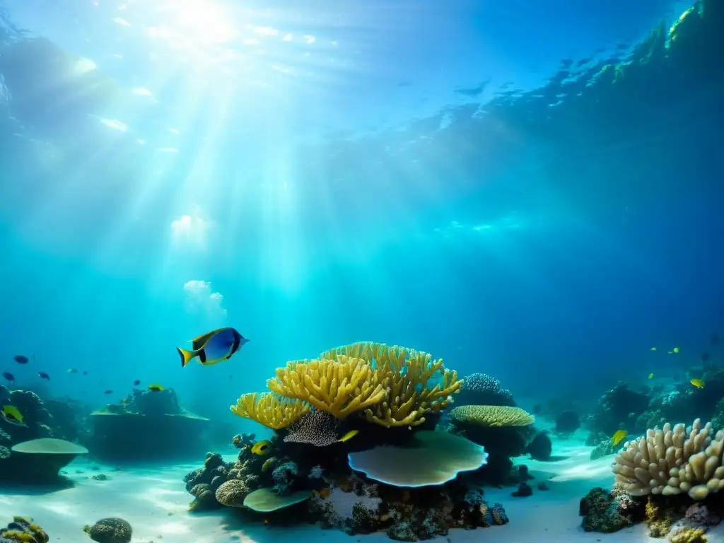 Imagen impactante de un vibrante arrecife de coral bajo el agua, mostrando la diversidad y belleza de la vida marina