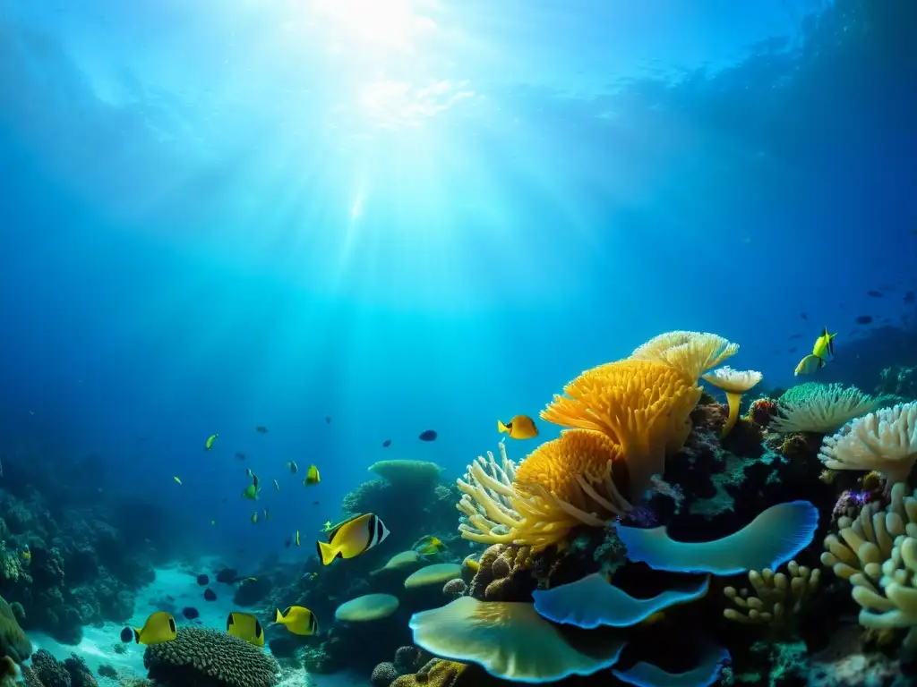 Imagen impactante del vibrante arrecife de coral en alta mar, con vida marina variada bajo la luz solar