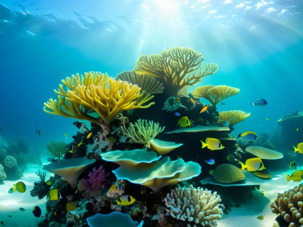 Imagen impactante de un vibrante arrecife de coral, el ecosistema bullicioso destaca la importancia de la plataforma colaborativa oceanografía marina