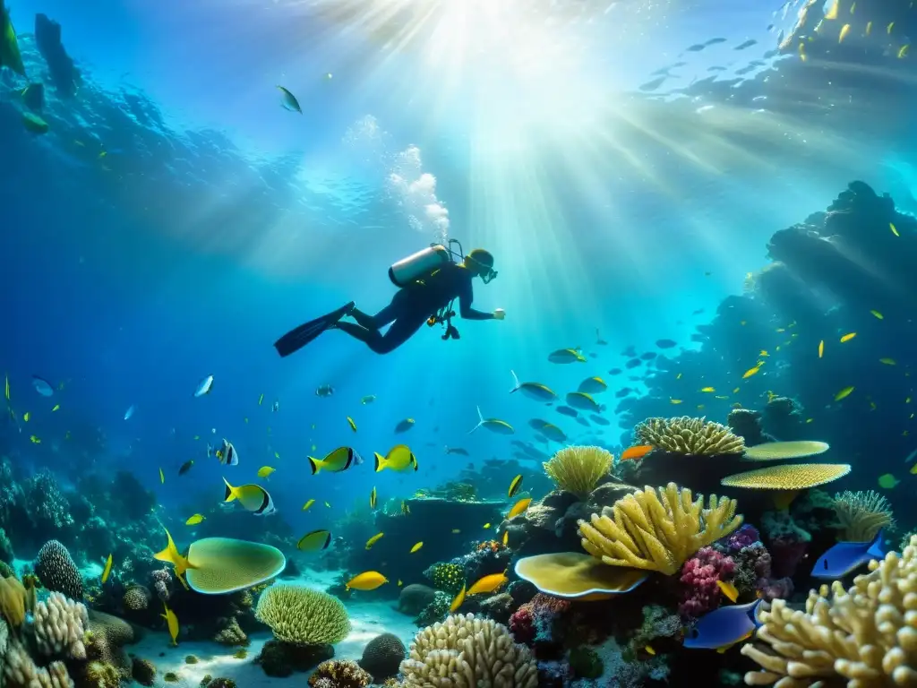 Imagen impactante del vibrante fondo marino, repleto de vida: peces coloridos, plantas marinas y formaciones de coral