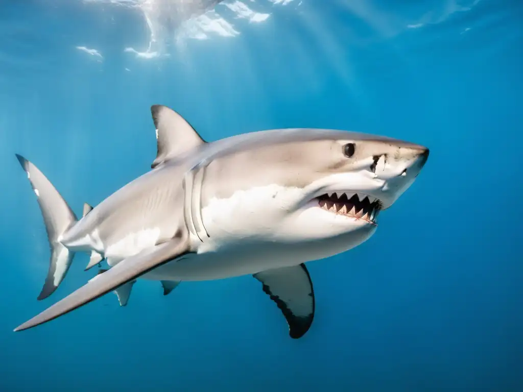 Imagen impactante de la vida y caza del Gran Tiburón Blanco en su hábitat natural submarino, nadando poderosamente en aguas cristalinas