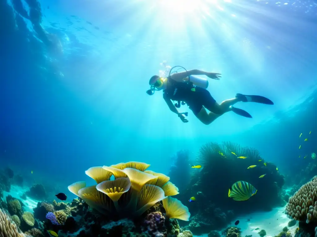 Imagen impactante de vida marina en un arrecife de coral, con peces coloridos entre la flora marina