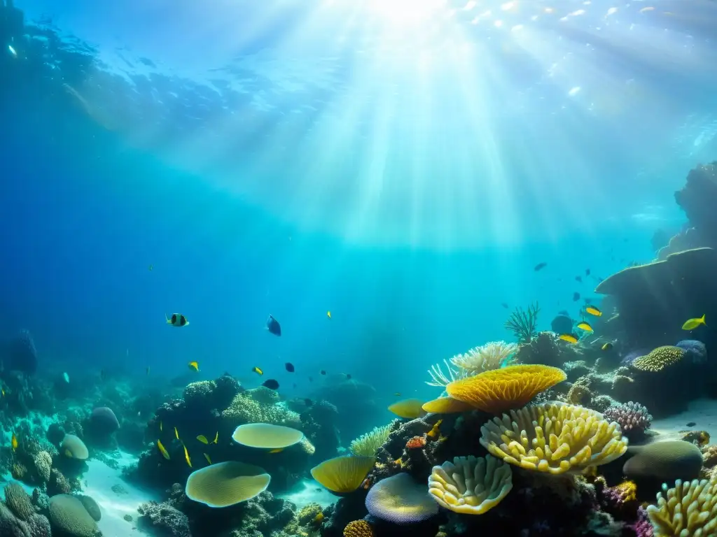 Imagen impactante de vida marina en arrecife de coral, destacando la biodiversidad y la belleza frágil del mundo submarino