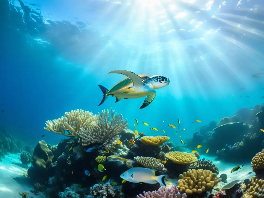 Imagen impactante de la vida submarina en un vibrante arrecife de coral, destacando la belleza y fragilidad ante el impacto del cambio climático