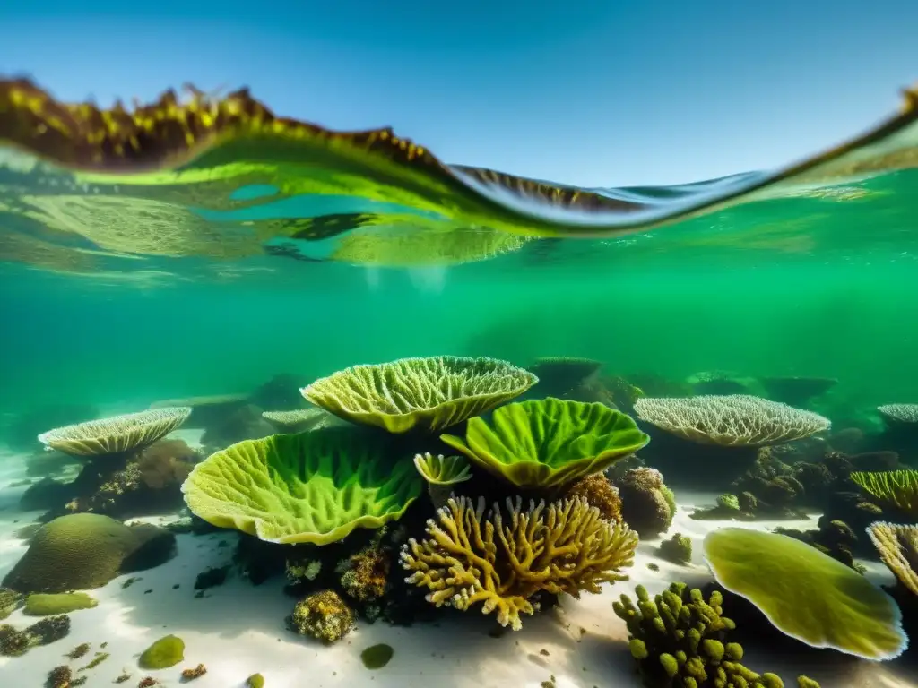 La imagen muestra los impactantes efectos de la contaminación por nutrientes y las floraciones algales tóxicas en un arrecife de coral