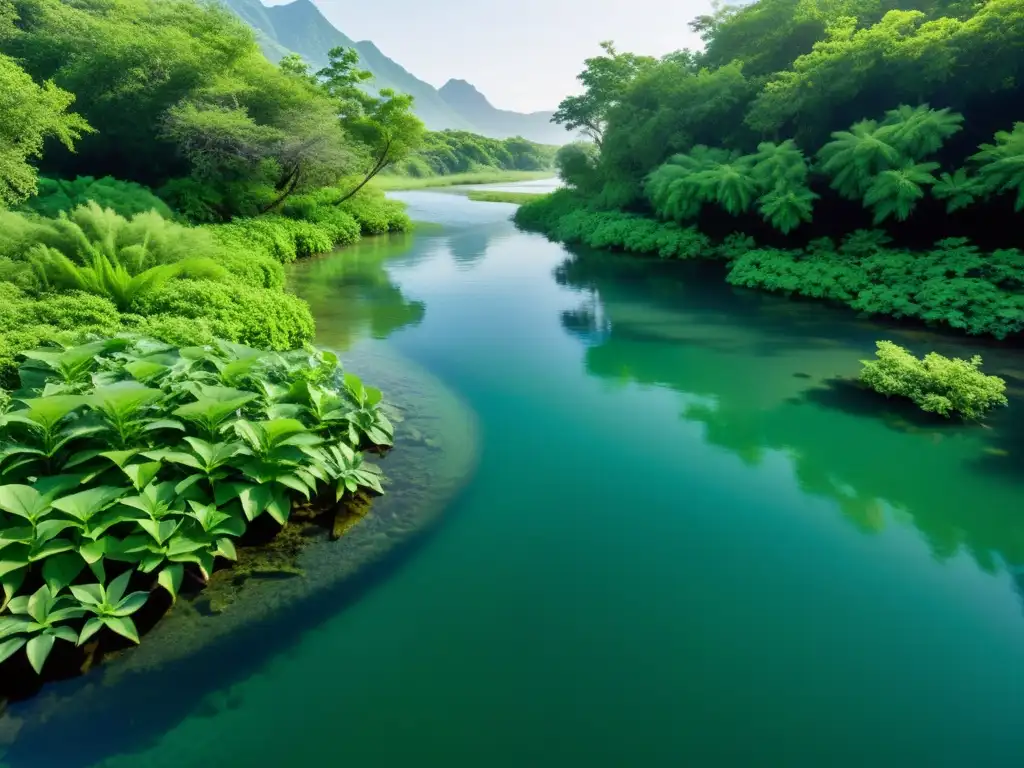 Imagen de impacto de plantas invasoras subacuáticas en un sereno lecho de río, con vegetación exuberante y agua cristalina