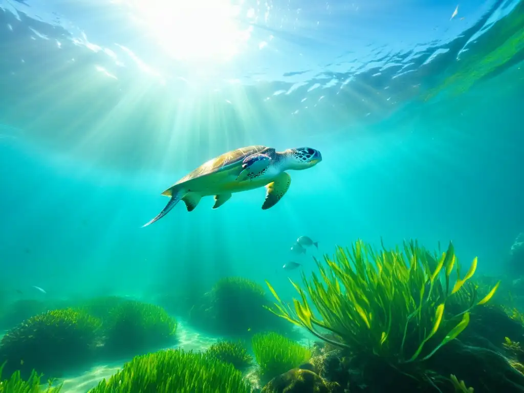 Imagen de la importancia del seagrass en océanos: vibrante escena submarina con vida marina y un prado de seagrass en aguas turquesas