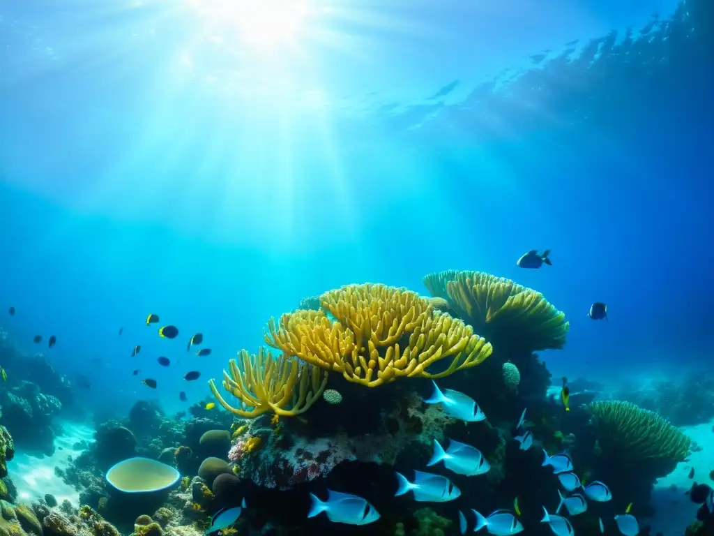 Imagen impresionante de un arrecife de coral vibrante y colorido, rodeado de agua cristalina