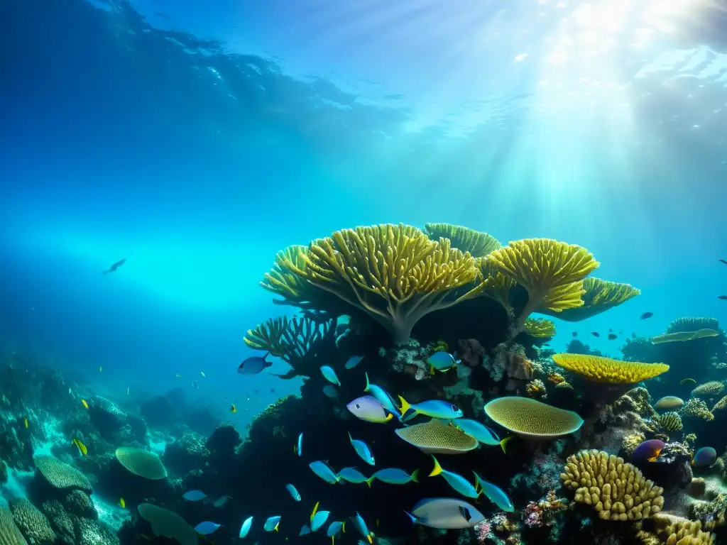 Imagen impresionante de un arrecife de coral, con peces coloridos y formaciones coralinas